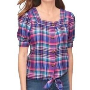 Talbots Linen Tie Plaid Pink Purple Puff Short Sleeve Blouse Sz Small Petite